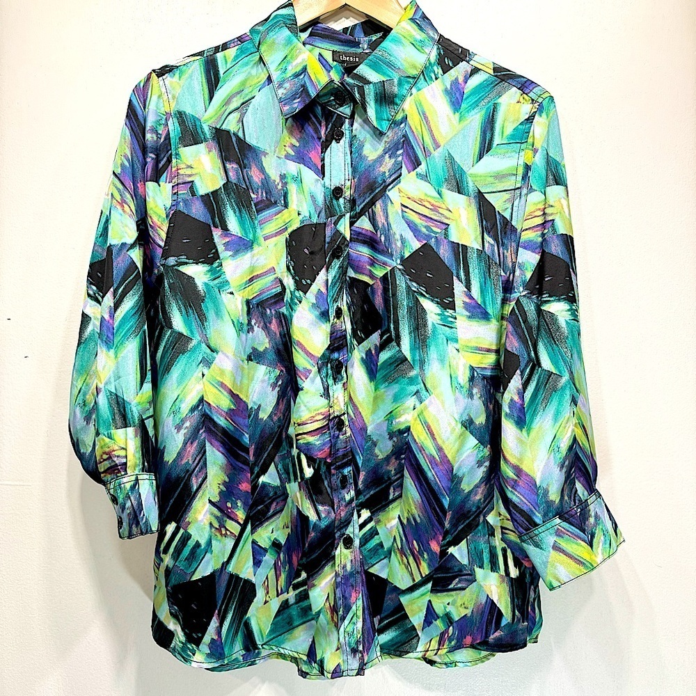 Thesis Teal Green Blue & Purple Color Splash 3/4 Sleeve Button Front Shirt XL